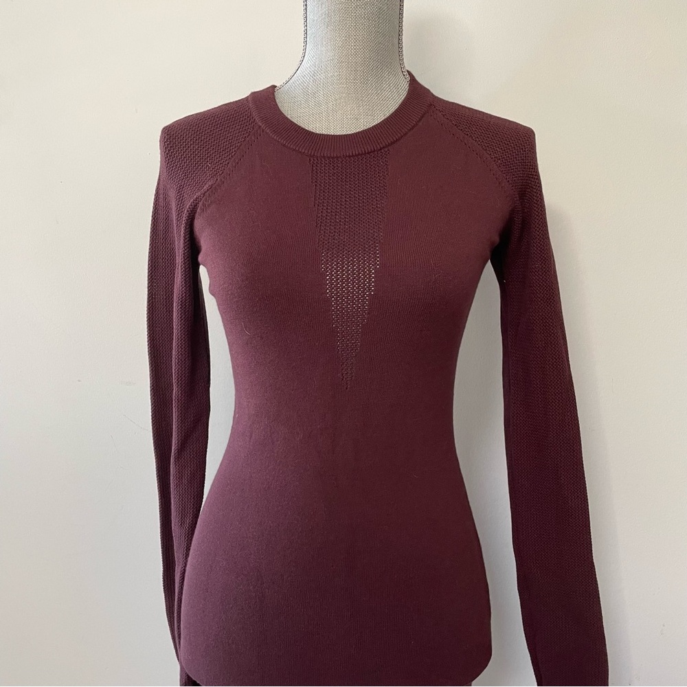 Aritzia Wilfred sweater dress, maroon knit with mesh detail at chest fitted